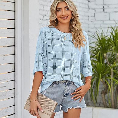 Women's Summer Crew Neck Hollow-Out Short Sleeve Loose Versatile Sun-Protective Knit Sweater Top