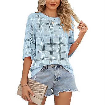 Women's Summer Crew Neck Hollow-Out Short Sleeve Loose Versatile Sun-Protective Knit Sweater Top