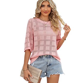 Women's Summer Crew Neck Hollow-Out Short Sleeve Loose Versatile Sun-Protective Knit Sweater Top