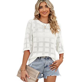 Women's Summer Crew Neck Hollow-Out Short Sleeve Loose Versatile Sun-Protective Knit Sweater Top