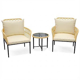 IDEALHOUSE 3 pc Outdoor Rattan Bistro Set with Glass Table & Cushions
