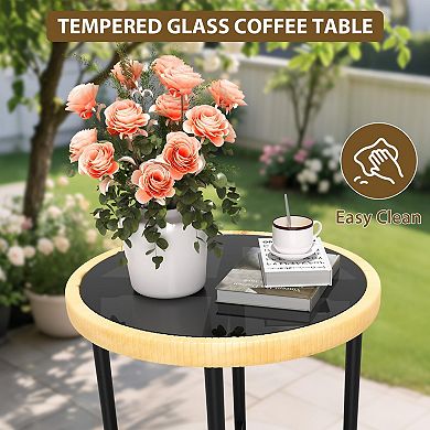 IDEALHOUSE 3-Piece Outdoor Rattan Bistro Set with Glass Table & Cushions