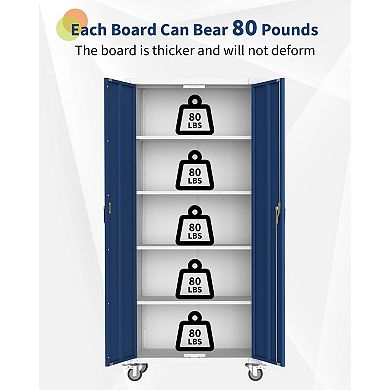 IDEALHOUSE 71" Steel Storage Cabinet with Lock, Adjustable Shelves & Wheels