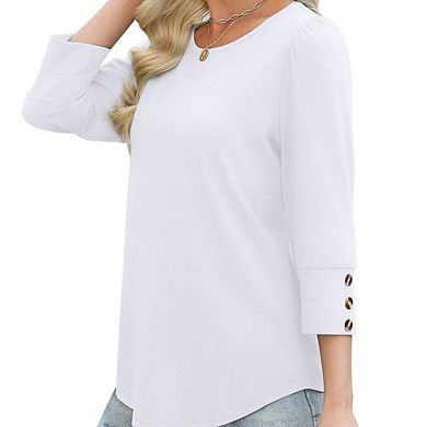 Women Elegant 3/4 Sleeve Crew Neck Knit Top Cuff Decorative Buttons Loose Casual Versatile Pullover