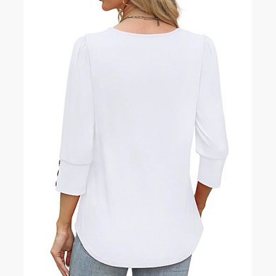 Women Elegant 3/4 Sleeve Crew Neck Knit Top Cuff Decorative Buttons Loose Casual Versatile Pullover