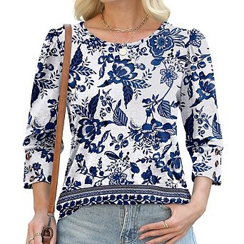 Women Elegant 3/4 Sleeve Crew Neck Knit Top Cuff Decorative Buttons Loose Casual Versatile Pullover