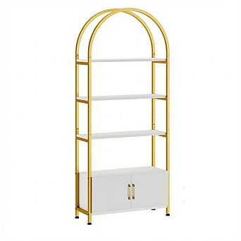 IDEALHOUSE 71.5" Arched Bookcase with Doors, 5 tier Gold & White Shelf