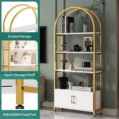 IDEALHOUSE 71.5" Arched Bookcase with Doors, 5-Tier Gold & White Shelf