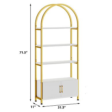 IDEALHOUSE 71.5" Arched Bookcase with Doors, 5-Tier Gold & White Shelf