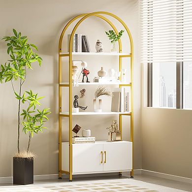 IDEALHOUSE 71.5" Arched Bookcase with Doors, 5-Tier Gold & White Shelf