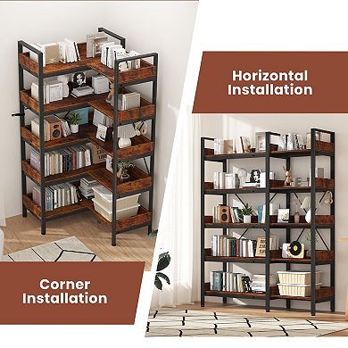 IDEALHOUSE 5-Tier L-Shaped Corner Bookshelf, Metal Frame with Adjustable Feet