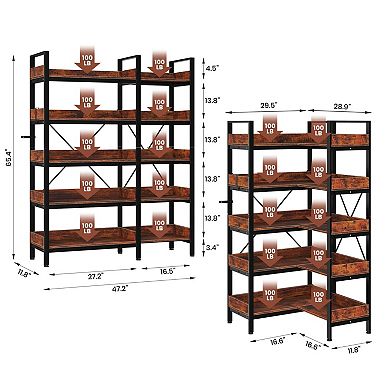 IDEALHOUSE 5-Tier L-Shaped Corner Bookshelf, Metal Frame with Adjustable Feet