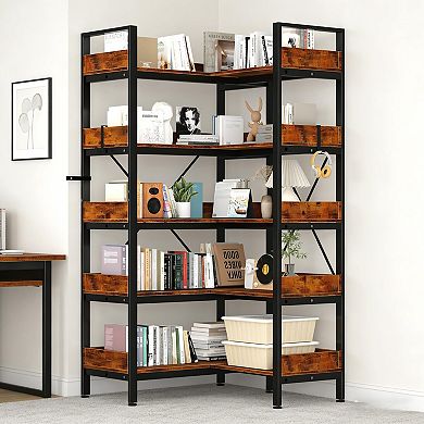 IDEALHOUSE 5-Tier L-Shaped Corner Bookshelf, Metal Frame with Adjustable Feet