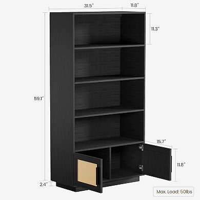 IDEALHOUSE 5-Tier Tall Bookcase with Rattan Doors