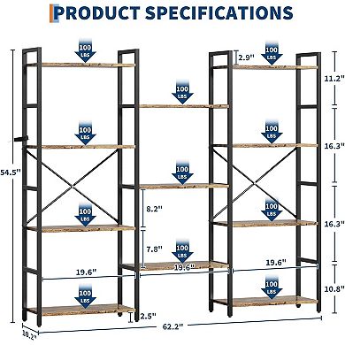 IDEALHOUSE Triple Column 4-Tier Bookshelf, Wide Bookcase with 11 Adjustable Shelves