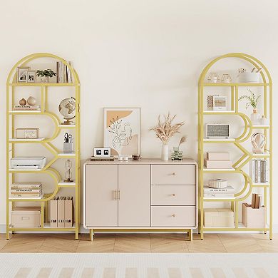 IDEALHOUSE 6-Tier Arched Bookshelf, 82" Tall Gold & White Bookcase