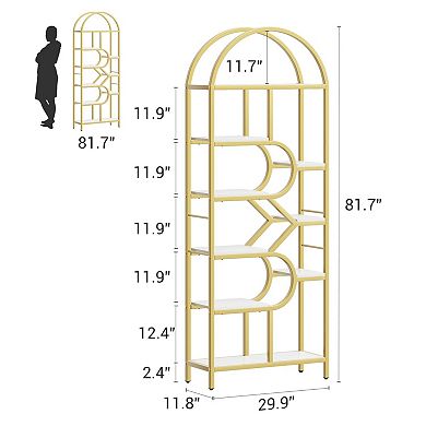IDEALHOUSE 6-Tier Arched Bookshelf, 82" Tall Gold & White Bookcase