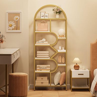 IDEALHOUSE 6-Tier Arched Bookshelf, 82" Tall Gold & White Bookcase
