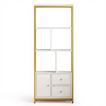 IDEALHOUSE Tall 4 tier Bookshelf with Doors & Drawers, Gold Frame