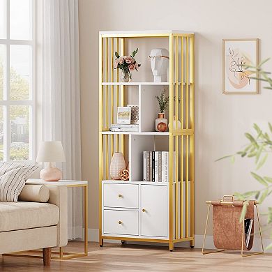 IDEALHOUSE Tall 4-Tier Bookshelf with Doors & Drawers, Gold Frame