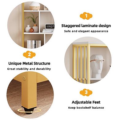 IDEALHOUSE Tall 4-Tier Bookshelf with Doors & Drawers, Gold Frame