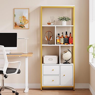IDEALHOUSE Tall 4-Tier Bookshelf with Doors & Drawers, Gold Frame