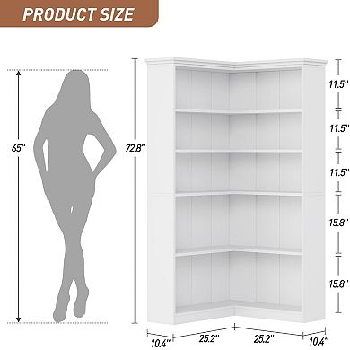 IDEALHOUSE 5-Tier L-Shaped Corner Bookcase with Full Back Panel, White