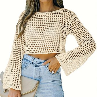 Women's Classic Crew Neck Crochet Cropped Top Hollow Out Fashion Casual Top Versatile Pullover Top