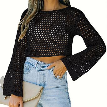 Women's Classic Crew Neck Crochet Cropped Top Hollow Out Fashion Casual Top Versatile Pullover Top