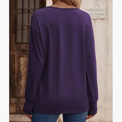 Women's Casual V-Neck Loose Long Sleeve T-Shirt Button Cuff Top Minimalist Versatile Pullover Top
