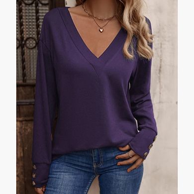 Women's Casual V-Neck Loose Long Sleeve T-Shirt Button Cuff Top Minimalist Versatile Pullover Top