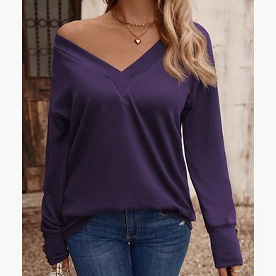 Women's Casual V-Neck Loose Long Sleeve T-Shirt Button Cuff Top Minimalist Versatile Pullover Top