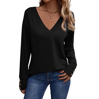 Women's Casual V-Neck Loose Long Sleeve T-Shirt Button Cuff Top Minimalist Versatile Pullover Top