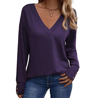 Women's Casual V-Neck Loose Long Sleeve T-Shirt Button Cuff Top Minimalist Versatile Pullover Top