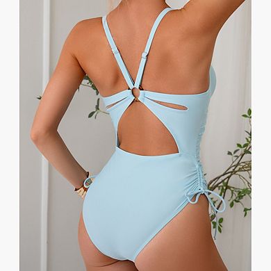 Women's Summer Drawstring One-Piece Bikini Spaghetti Strap Backless Swimsuit for Beach Pool Parties