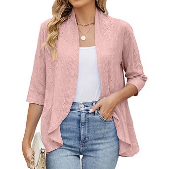 Women's Casual 3/4 Sleeve Ruffled Cardigan Lightweight Hollow-Out Loose Versatile Top & Outerwear