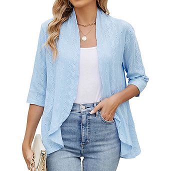 Women's Casual 3/4 Sleeve Ruffled Cardigan Lightweight Hollow-Out Loose Versatile Top & Outerwear