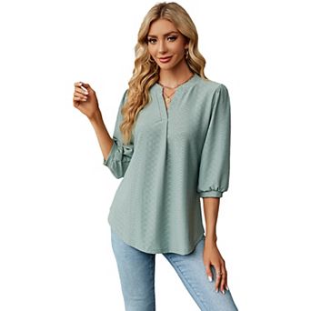 Women's Minimalist V-Neck Jacquard 3/4 Sleeve T-Shirt Loose Casual Fashion Versatile Pullover