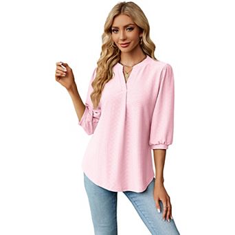 Women's Minimalist V-Neck Jacquard 3/4 Sleeve T-Shirt Loose Casual Fashion Versatile Pullover