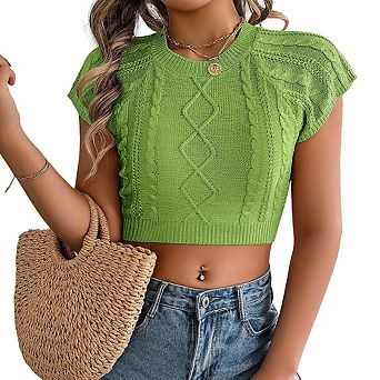 Women's Y2K Style Cable Knit Short Sleeve Sweater Classic Crew Neck Cropped Crop Top for Vacation