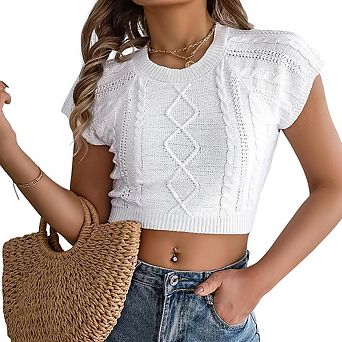 Women's Y2K Style Cable Knit Short Sleeve Sweater Classic Crew Neck Cropped Crop Top for Vacation