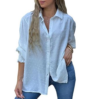 Women's Fashion Polka Dot Jacquard Button-Down Shirt Casual Loose Versatile Office Daily Top
