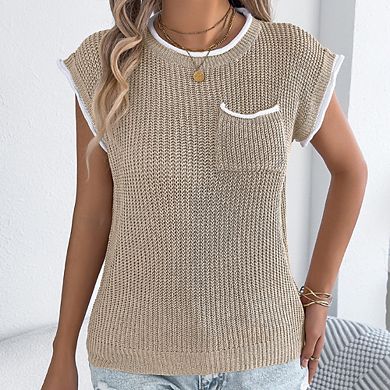 Women's Color Block Pocket Short Sleeve Batwing Sleeve Loose Casual Knit Top Versatile Pullover Top