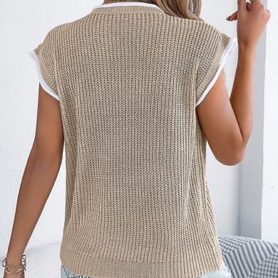 Women's Color Block Pocket Short Sleeve Batwing Sleeve Loose Casual Knit Top Versatile Pullover Top