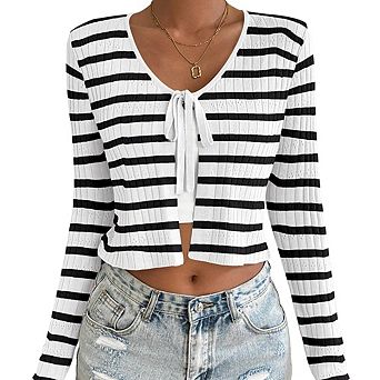 Women's Classic V-Neck Striped Tie Front Cardigan Casual Slim Fit Cardigan Breathable Comfort Top