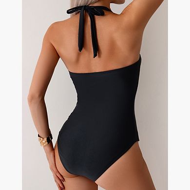 Women's Summer Fashion Ruched Tie-Front One-Piece Swimsuit Halter Neck Slimming Backless Bikini