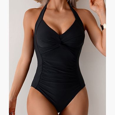 Women's Summer Fashion Ruched Tie-Front One-Piece Swimsuit Halter Neck Slimming Backless Bikini