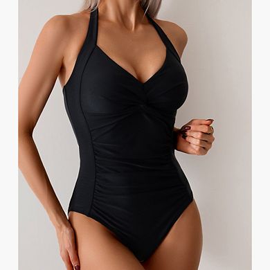 Women's Summer Fashion Ruched Tie-Front One-Piece Swimsuit Halter Neck Slimming Backless Bikini