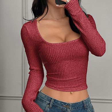 Women Y2K Bodycon Ribbed Turtleneck Classic Square Neck Knit Pullover Slim Fit Long Sleeve Base Top