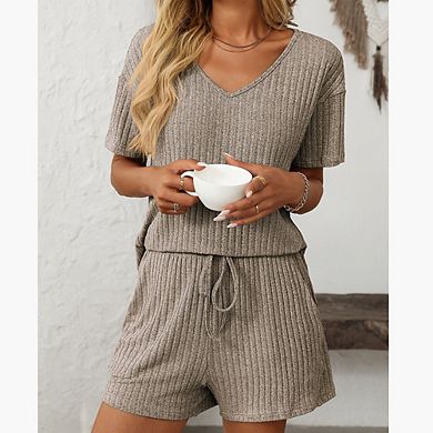 Women's Classic Ribbed V-Neck Short Sleeve Shorts Set Casual Drawstring Loose Loungewear Set